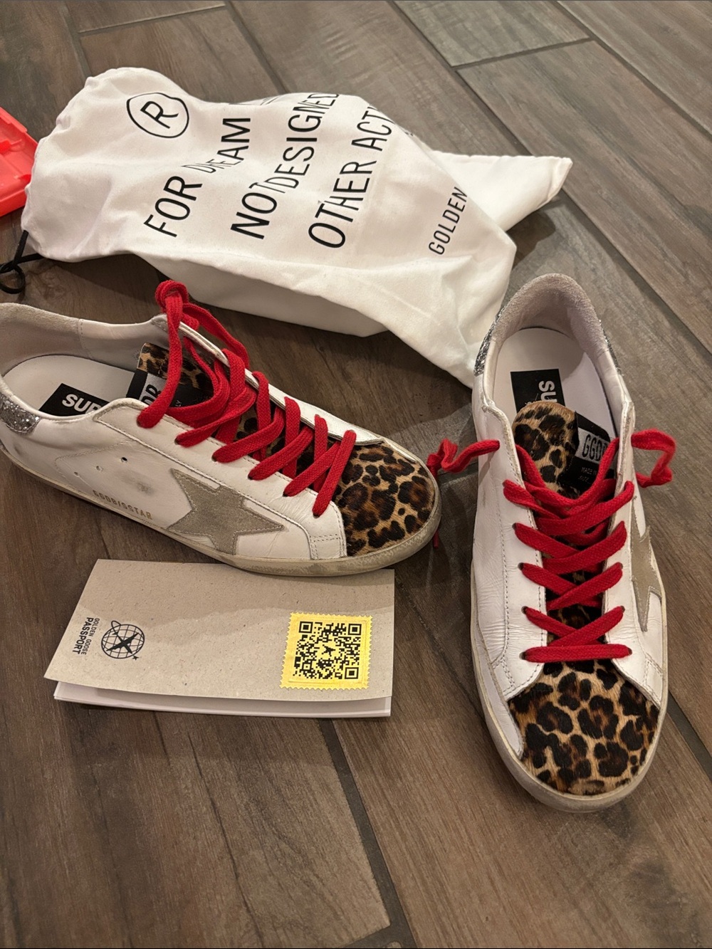 Golden Goose White Sneakers with Leopard Toe and Red Laces 7 1/2